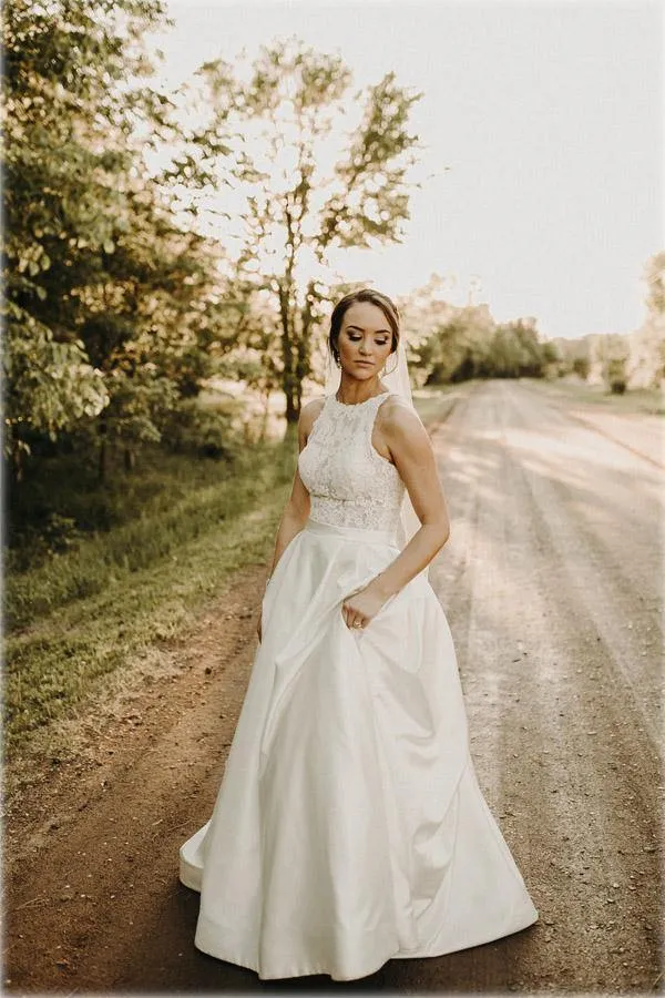 Roycebridal Satin A-line Halter Lace Wedding Dresses With Sweep Train, Bridal Gown, MW778