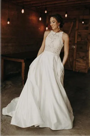 Roycebridal Satin A-line Halter Lace Wedding Dresses With Sweep Train, Bridal Gown, MW778