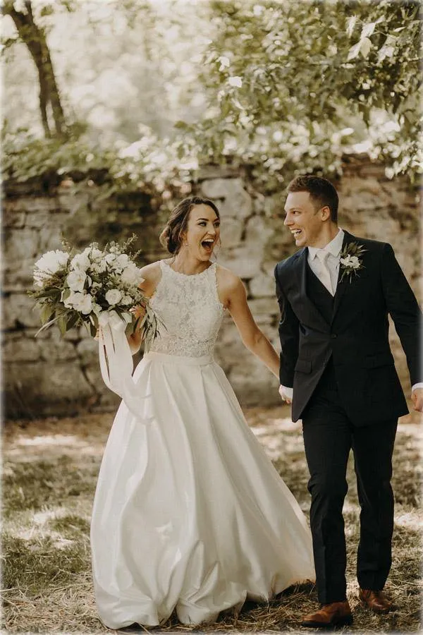 Roycebridal Satin A-line Halter Lace Wedding Dresses With Sweep Train, Bridal Gown, MW778
