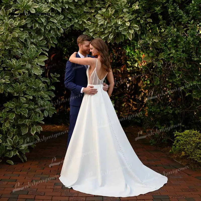 Roycebridal Simple A-Line Soft Satin Wedding Dresses 2021 V-Neck Sleeveless Lace Spaghetti Straps Hidden Skirt Pockets Backless Bride Gown