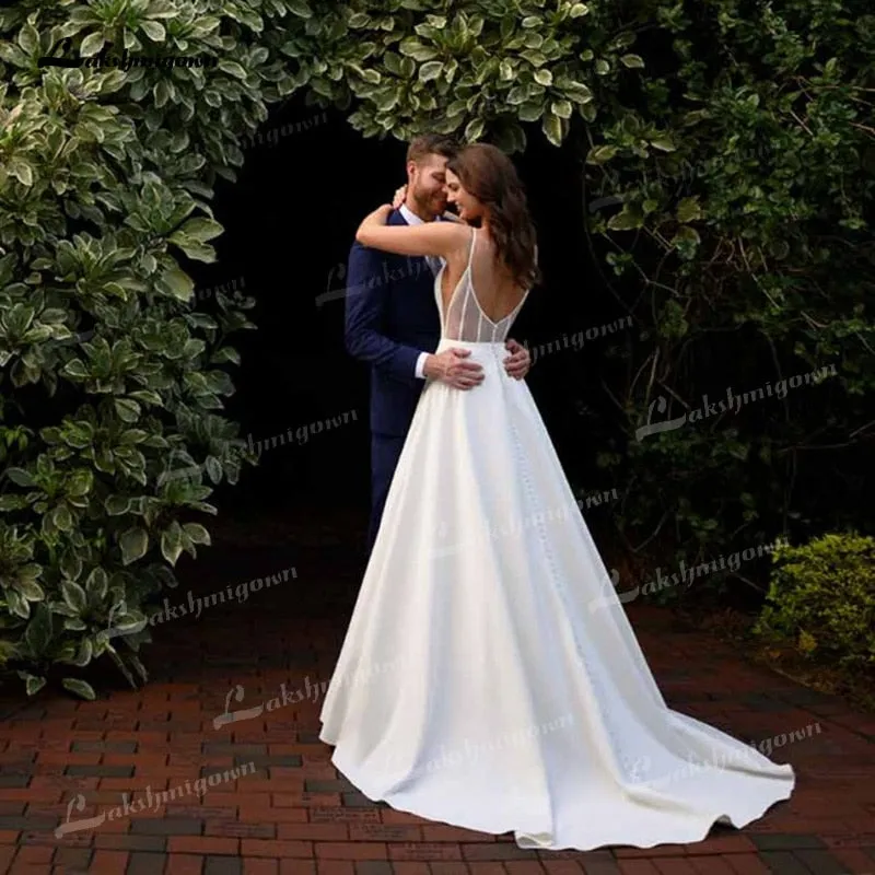 Roycebridal Simple A-Line Soft Satin Wedding Dresses 2021 V-Neck Sleeveless Lace Spaghetti Straps Hidden Skirt Pockets Backless Bride Gown