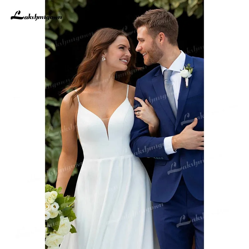 Roycebridal Simple A-Line Soft Satin Wedding Dresses 2021 V-Neck Sleeveless Lace Spaghetti Straps Hidden Skirt Pockets Backless Bride Gown