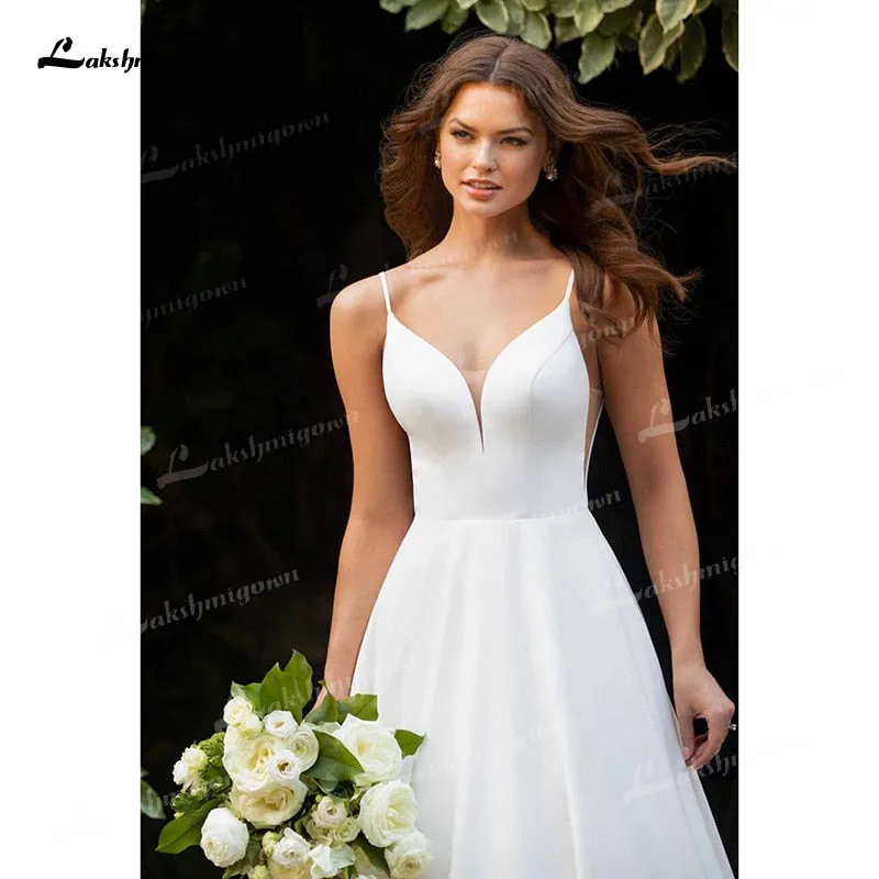 Roycebridal Simple A-Line Soft Satin Wedding Dresses 2021 V-Neck Sleeveless Lace Spaghetti Straps Hidden Skirt Pockets Backless Bride Gown