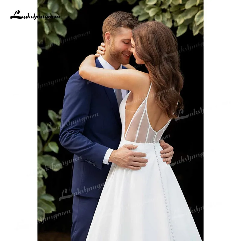 Roycebridal Simple A-Line Soft Satin Wedding Dresses 2021 V-Neck Sleeveless Lace Spaghetti Straps Hidden Skirt Pockets Backless Bride Gown