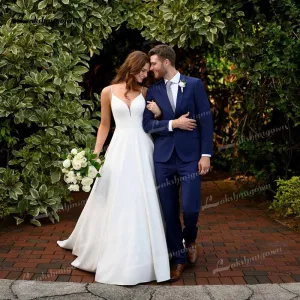 Roycebridal Simple A-Line Soft Satin Wedding Dresses 2021 V-Neck Sleeveless Lace Spaghetti Straps Hidden Skirt Pockets Backless Bride Gown