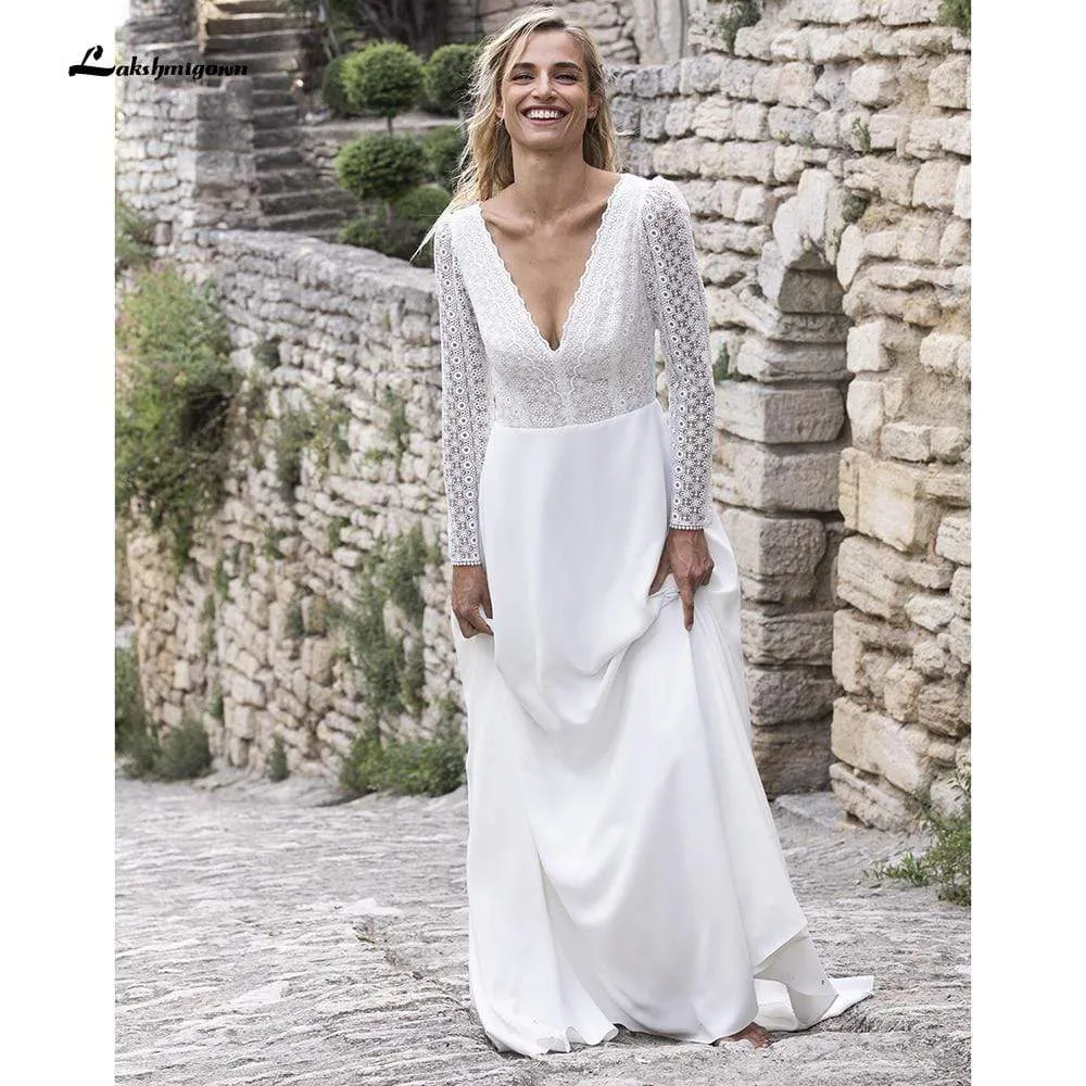 Roycebridal V Neck Lace Long Sleeve Backless Wedding Dresses
