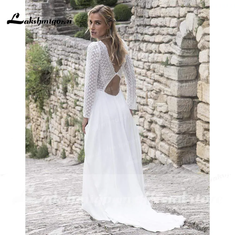 Roycebridal V Neck Lace Long Sleeve Backless Wedding Dresses