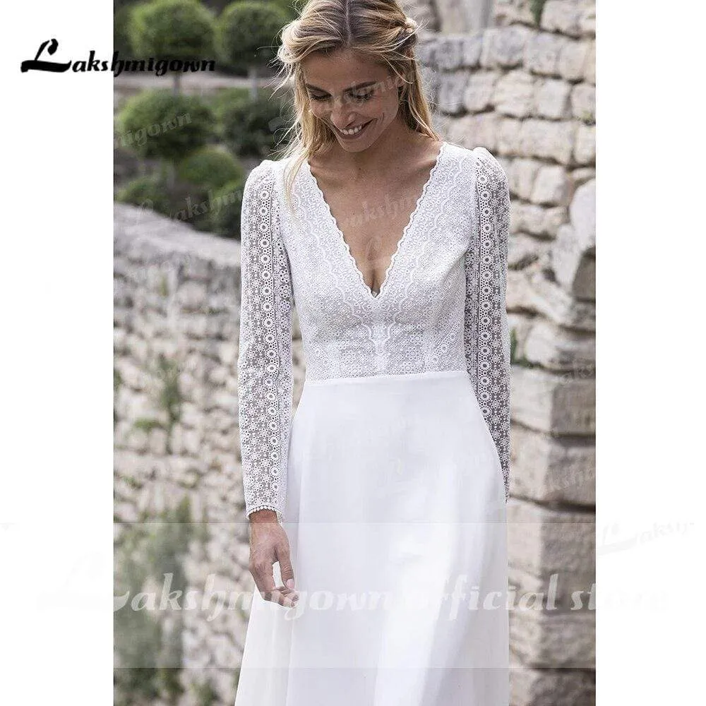 Roycebridal V Neck Lace Long Sleeve Backless Wedding Dresses