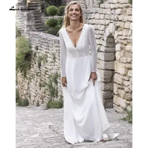 Roycebridal V Neck Lace Long Sleeve Backless Wedding Dresses