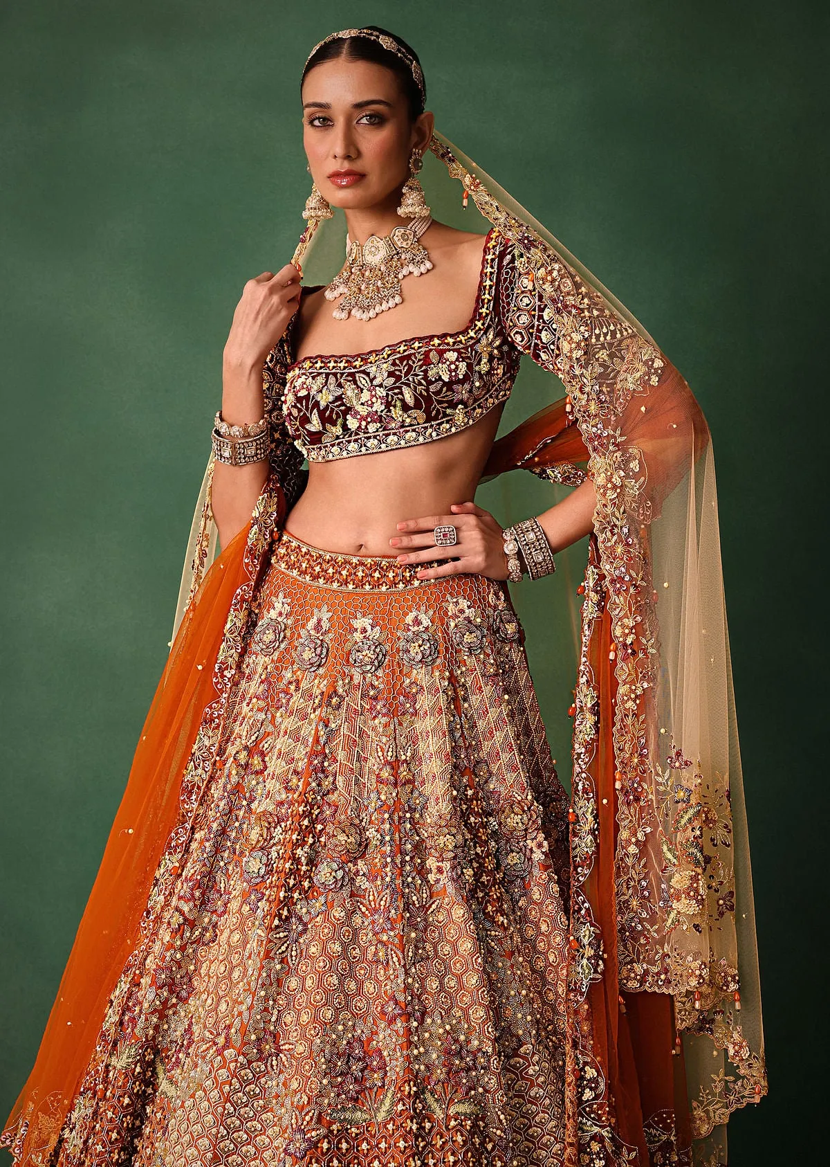 Rust Hand Work Lehenga With Velvet Blouse And Dupatta