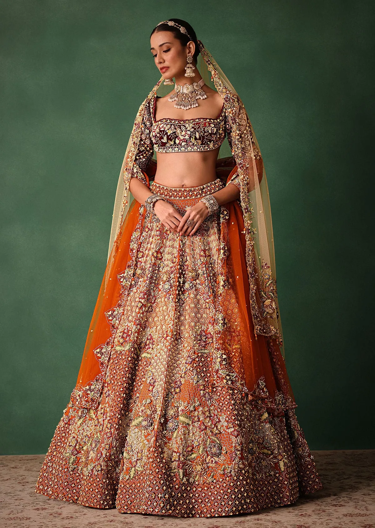 Rust Hand Work Lehenga With Velvet Blouse And Dupatta