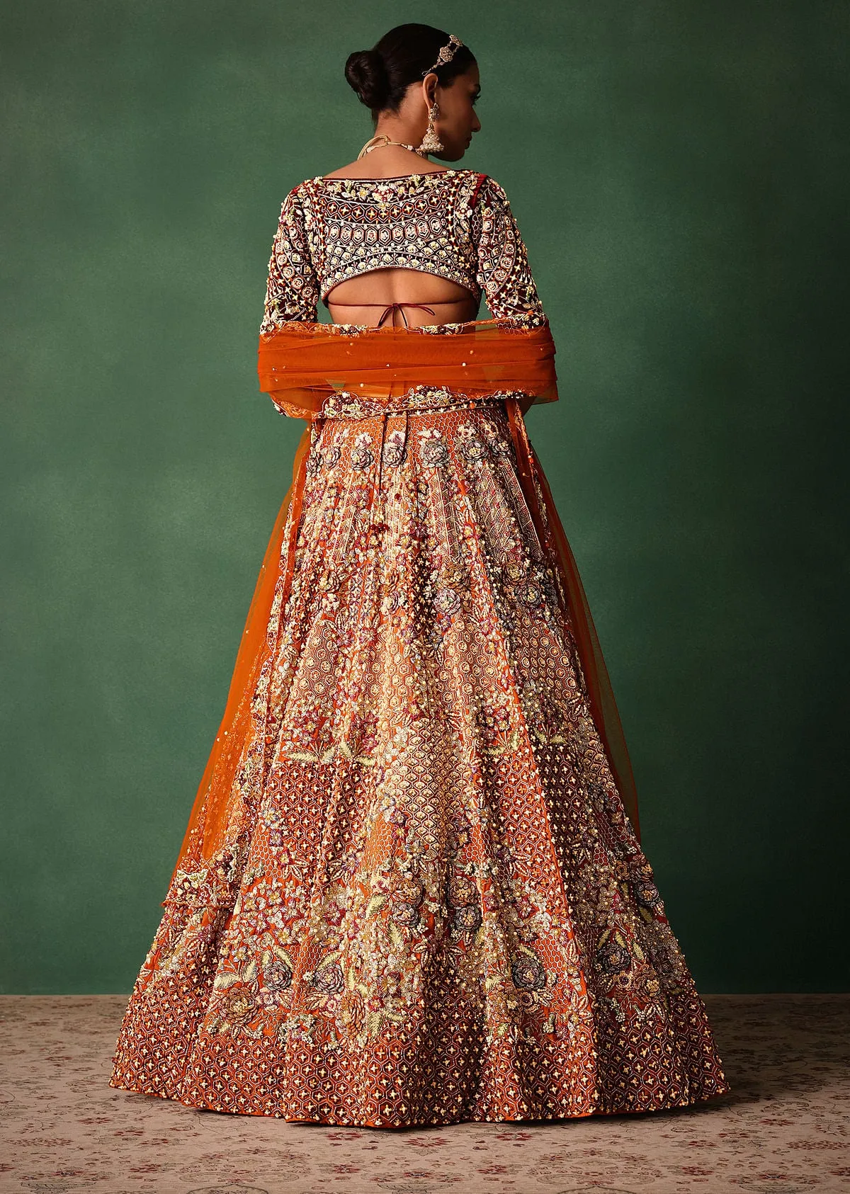 Rust Hand Work Lehenga With Velvet Blouse And Dupatta