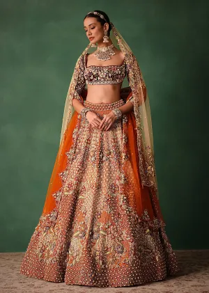 Rust Hand Work Lehenga With Velvet Blouse And Dupatta