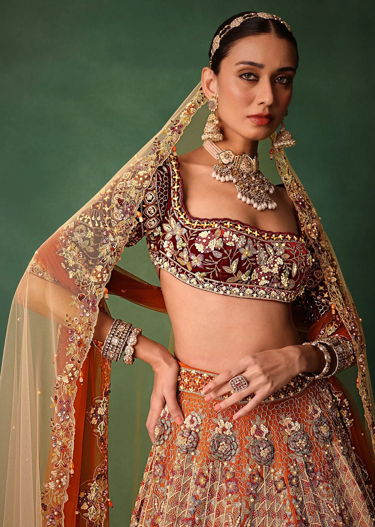 Rust Hand Work Lehenga With Velvet Blouse And Dupatta