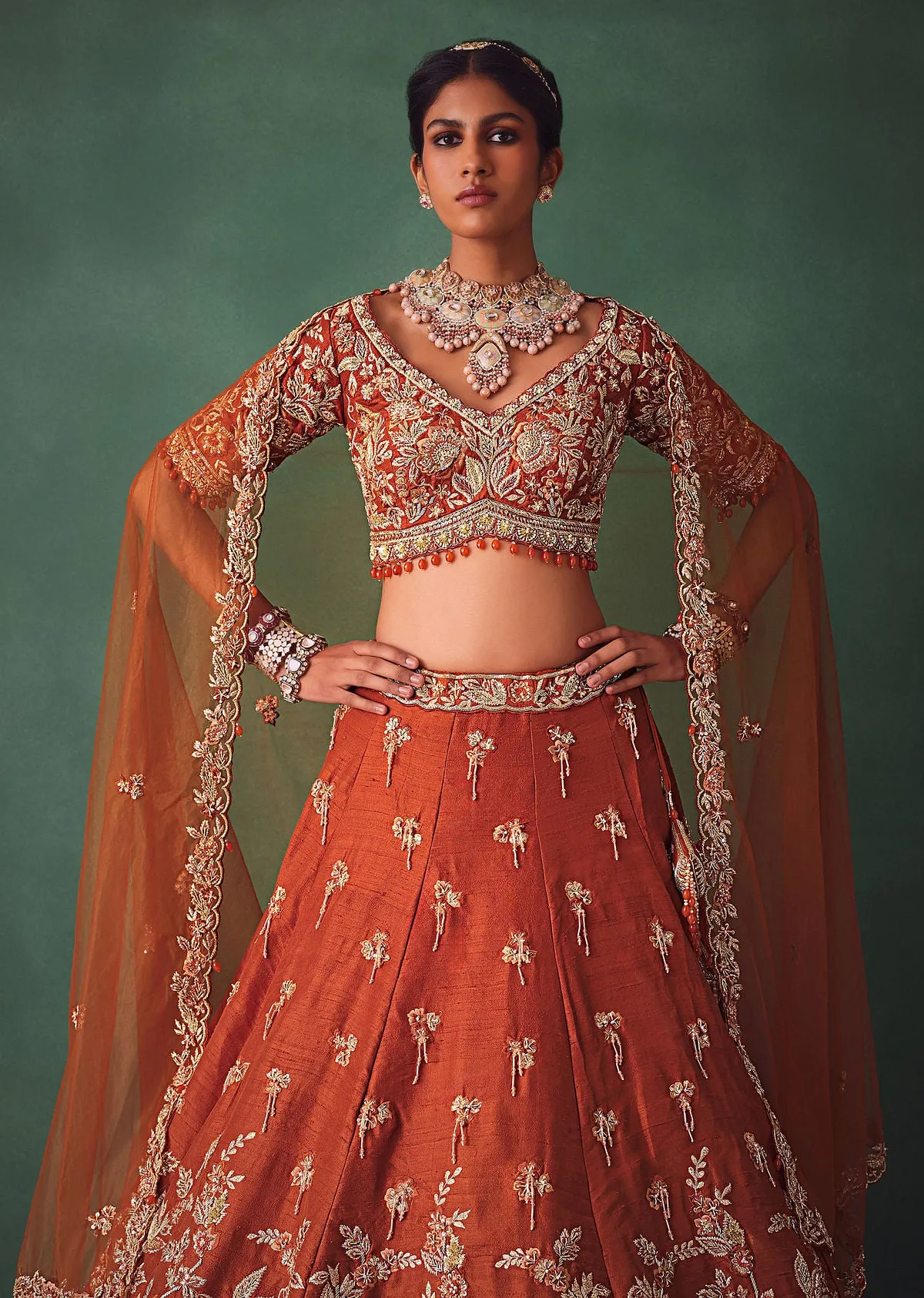 Rust Raw Silk Bridal Kali Lehenga With Embroidered Blouse And Dupatta