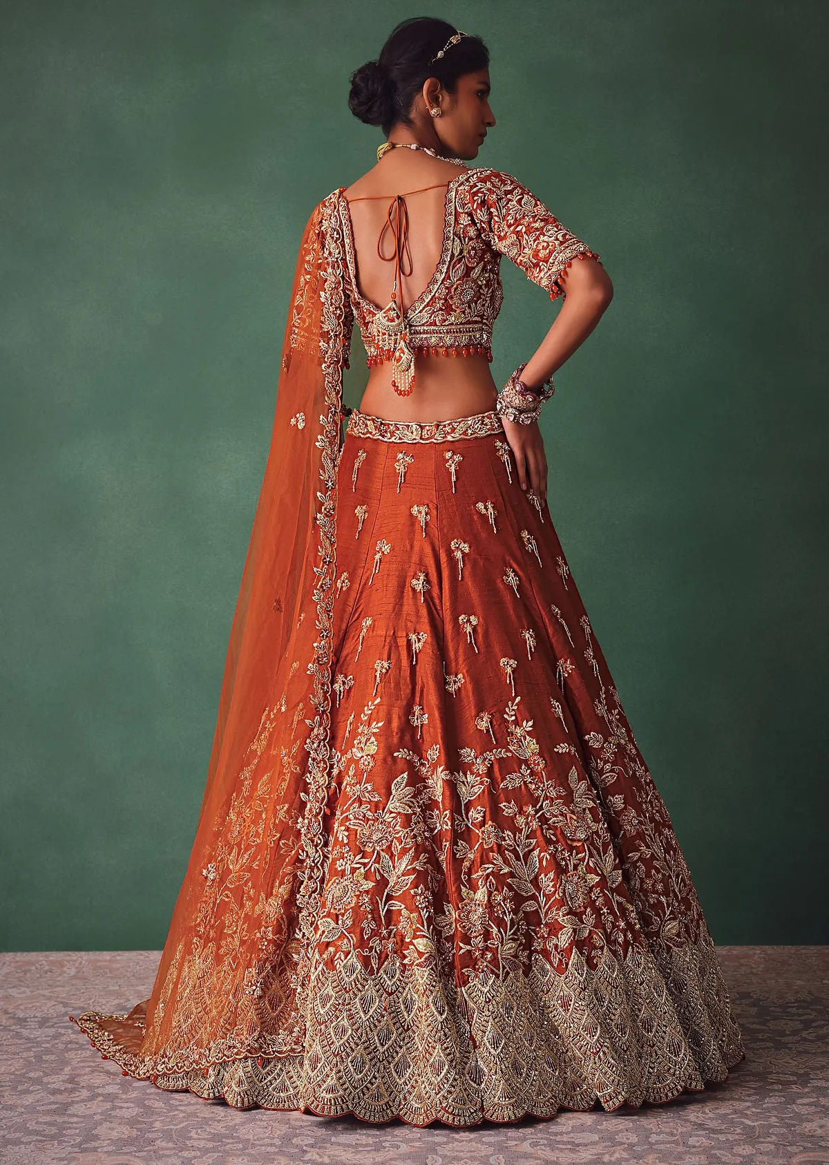 Rust Raw Silk Bridal Kali Lehenga With Embroidered Blouse And Dupatta