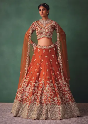 Rust Raw Silk Bridal Kali Lehenga With Embroidered Blouse And Dupatta