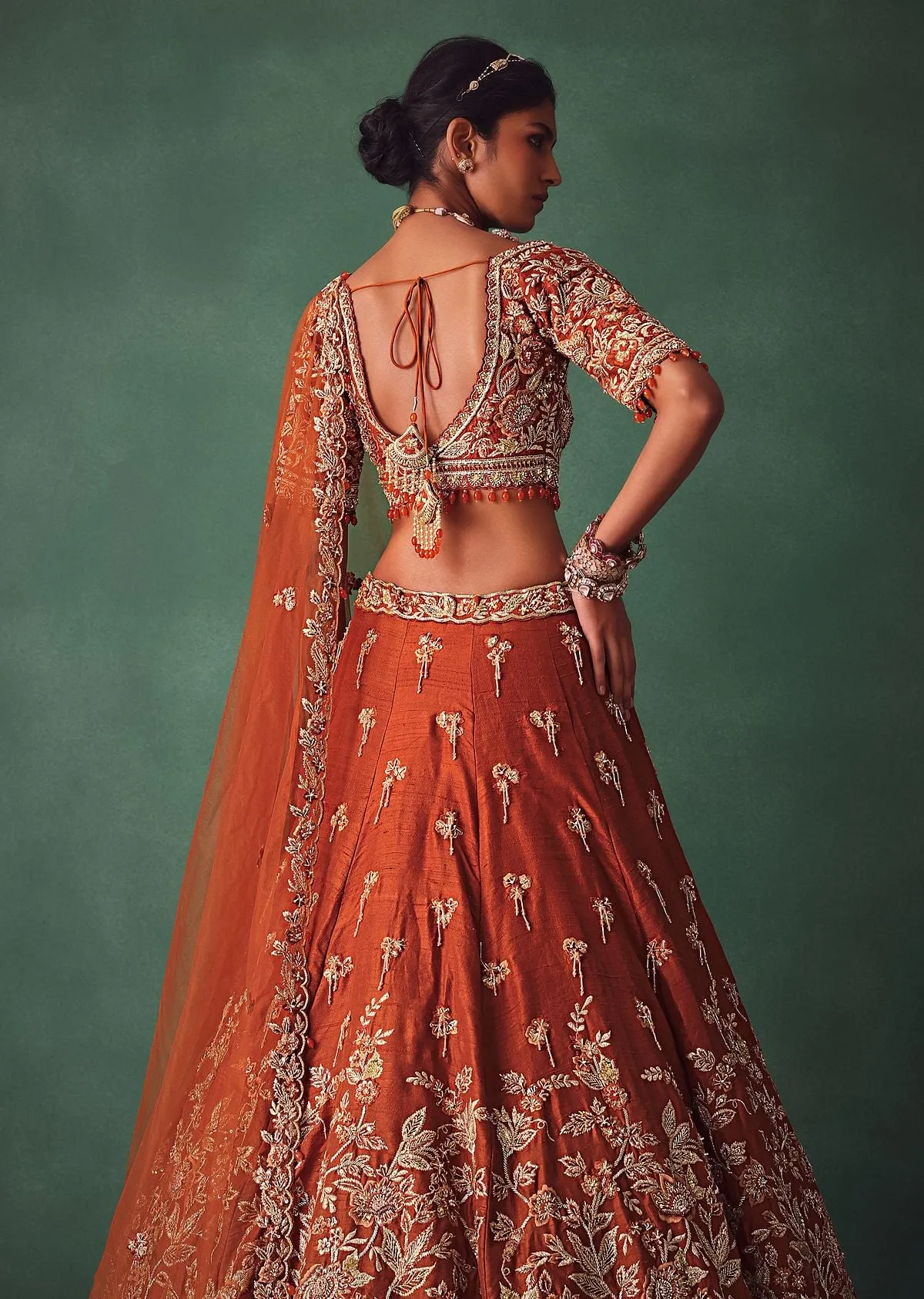 Rust Raw Silk Bridal Kali Lehenga With Embroidered Blouse And Dupatta