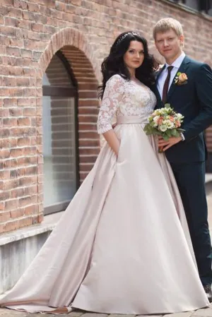 Satin A-line Illusion Long Sleeves Wedding Dresses With Lace Appliques, MW640