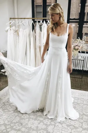 Satin A-line Spaghetti Straps Wedding Dresses with Tulle Appliques, SW468