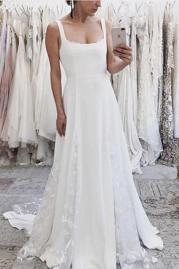 Satin A-line Spaghetti Straps Wedding Dresses with Tulle Appliques, SW468