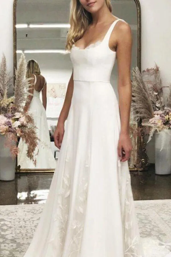 Satin A-line Spaghetti Straps Wedding Dresses with Tulle Appliques, SW468