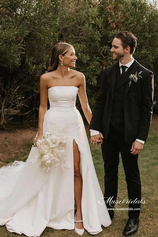Satin Ball Gown Beaded Strapless Simple Wedding Dress With Side Slit, MW928
