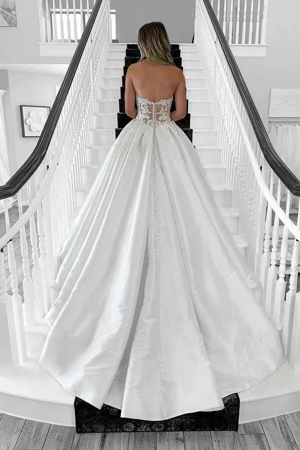 Satin Ball Gown Sweetheart Vintage Wedding Dresses With Lace Appliques, MW1071