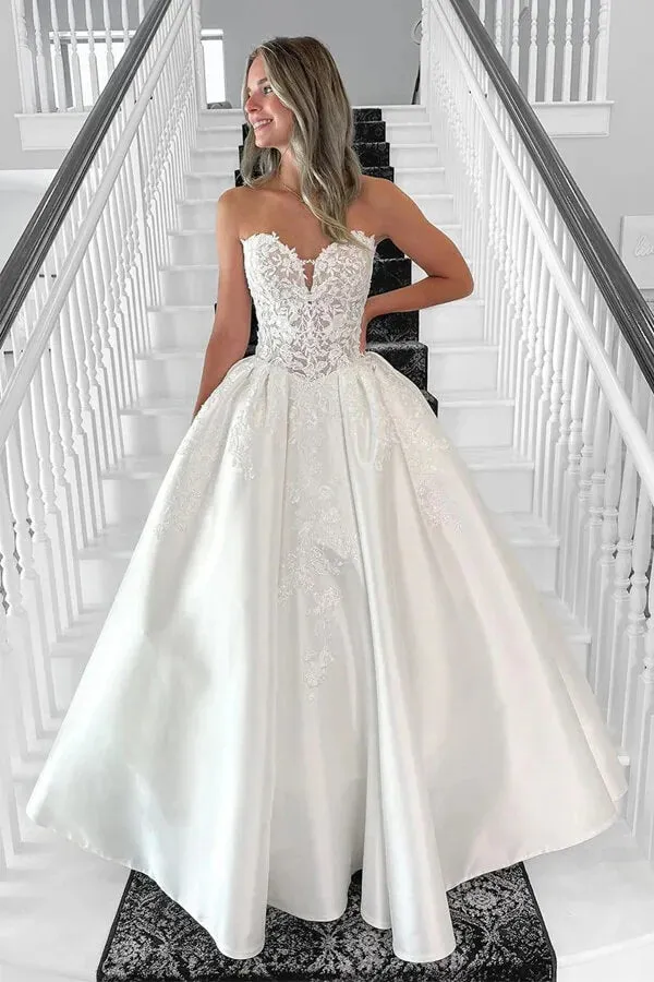 Satin Ball Gown Sweetheart Vintage Wedding Dresses With Lace Appliques, MW1071