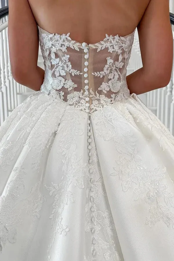 Satin Ball Gown Sweetheart Vintage Wedding Dresses With Lace Appliques, MW1071