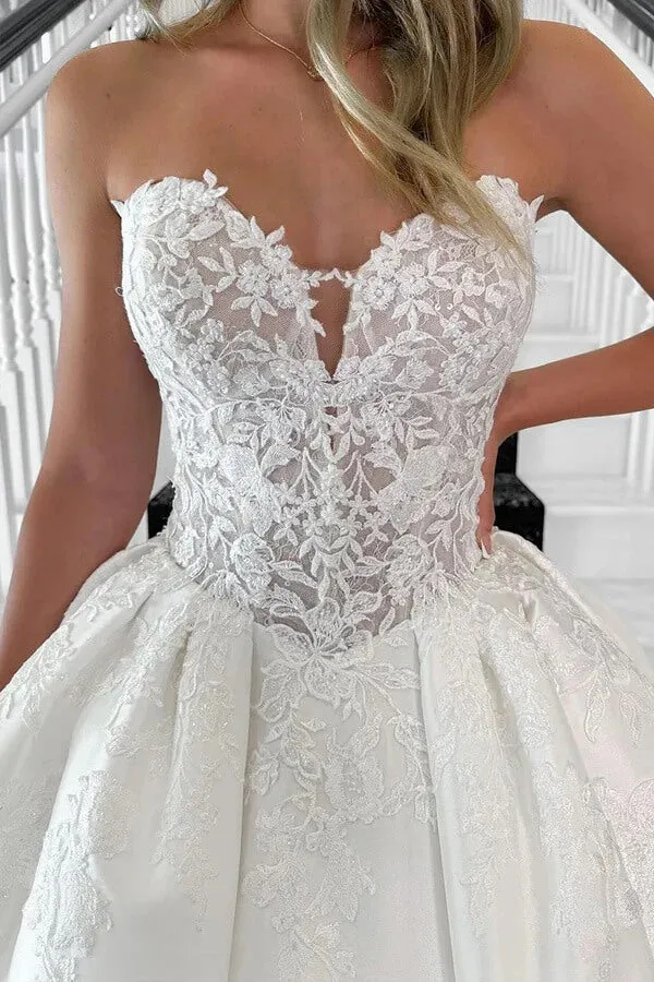 Satin Ball Gown Sweetheart Vintage Wedding Dresses With Lace Appliques, MW1071