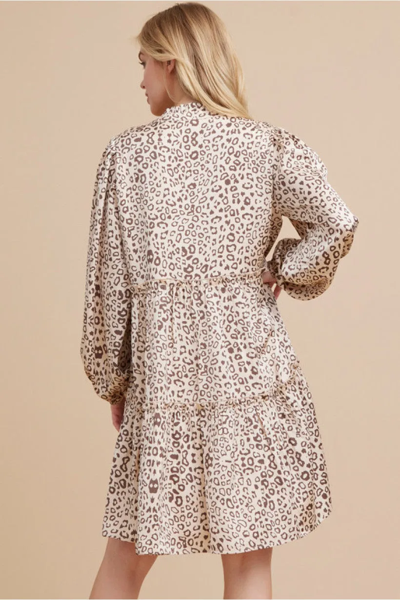 Satin Leopard Dress W/Frilled Tassel-Tie Neck