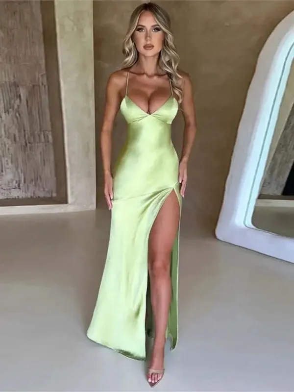 Satin Maxi Dress with High Slit and Backless Design