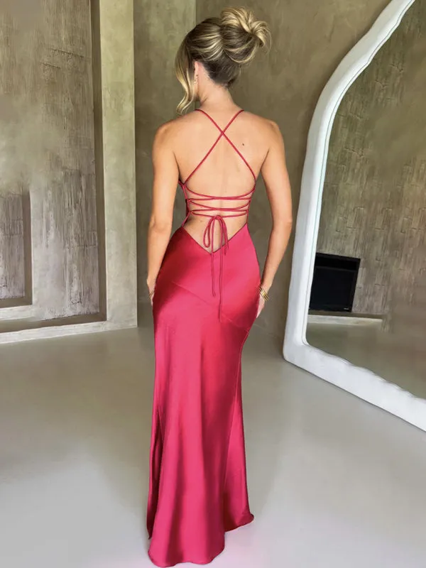 Satin Maxi Dress with High Slit and Backless Design