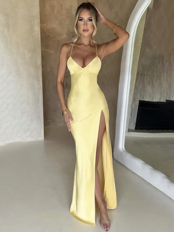 Satin Maxi Dress with High Slit and Backless Design