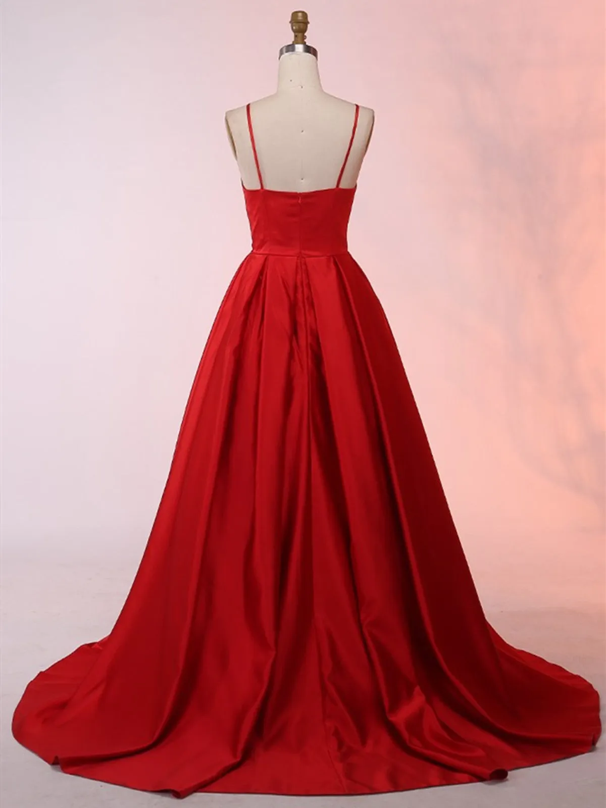 Scoop Neck Red Satin Long Prom Dresses,  Scoop Neck Red Satin Long Evening Dresses