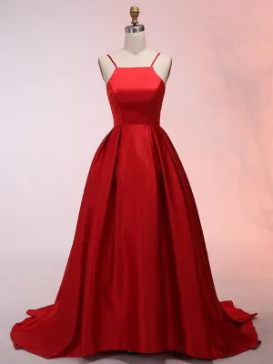 Scoop Neck Red Satin Long Prom Dresses,  Scoop Neck Red Satin Long Evening Dresses