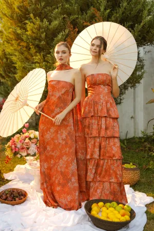 SELENA Strapless Flowy Maxi with Sash Neckpiece (Rust Floral Silk)