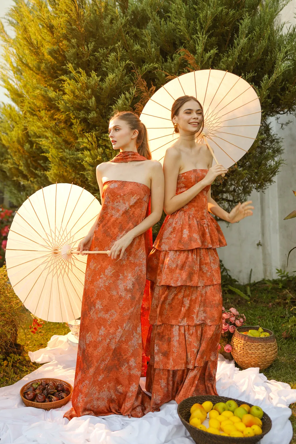 SELENA Strapless Flowy Maxi with Sash Neckpiece (Rust Floral Silk)