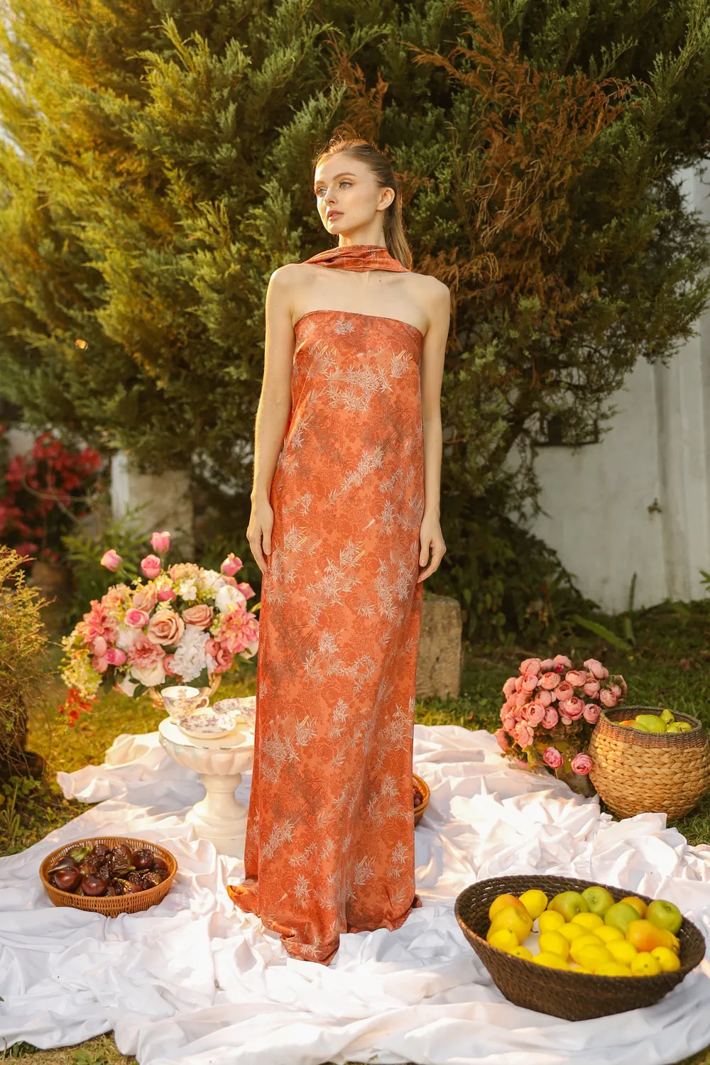 SELENA Strapless Flowy Maxi with Sash Neckpiece (Rust Floral Silk)