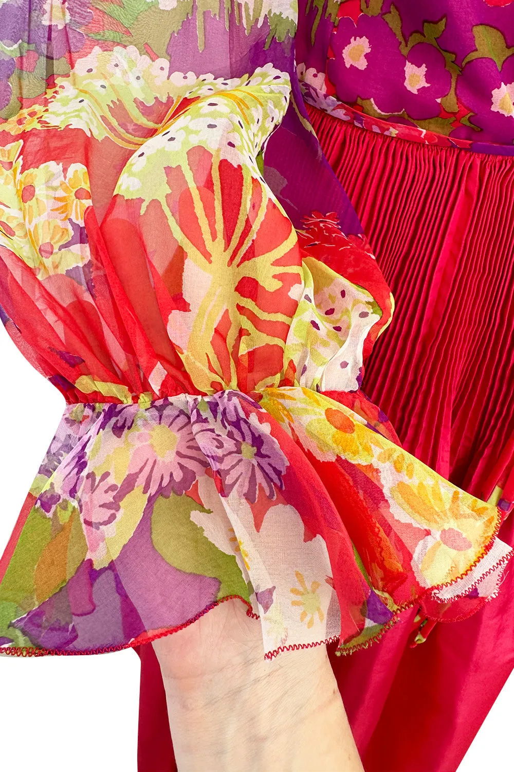 Sensational 1972 Yves Saint Laurent Red Floral Silk Chiffon & Red Silk Dress w Balloon Sleeves & Pleat Detailing