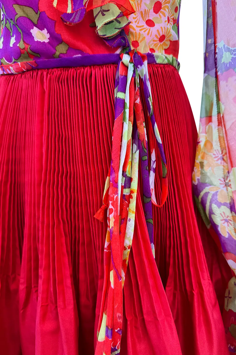 Sensational 1972 Yves Saint Laurent Red Floral Silk Chiffon & Red Silk Dress w Balloon Sleeves & Pleat Detailing