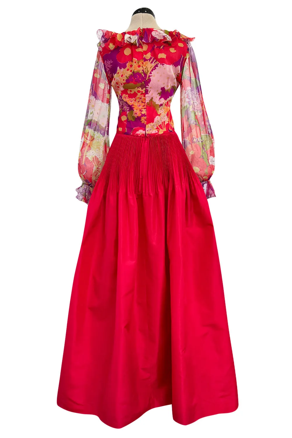 Sensational 1972 Yves Saint Laurent Red Floral Silk Chiffon & Red Silk Dress w Balloon Sleeves & Pleat Detailing