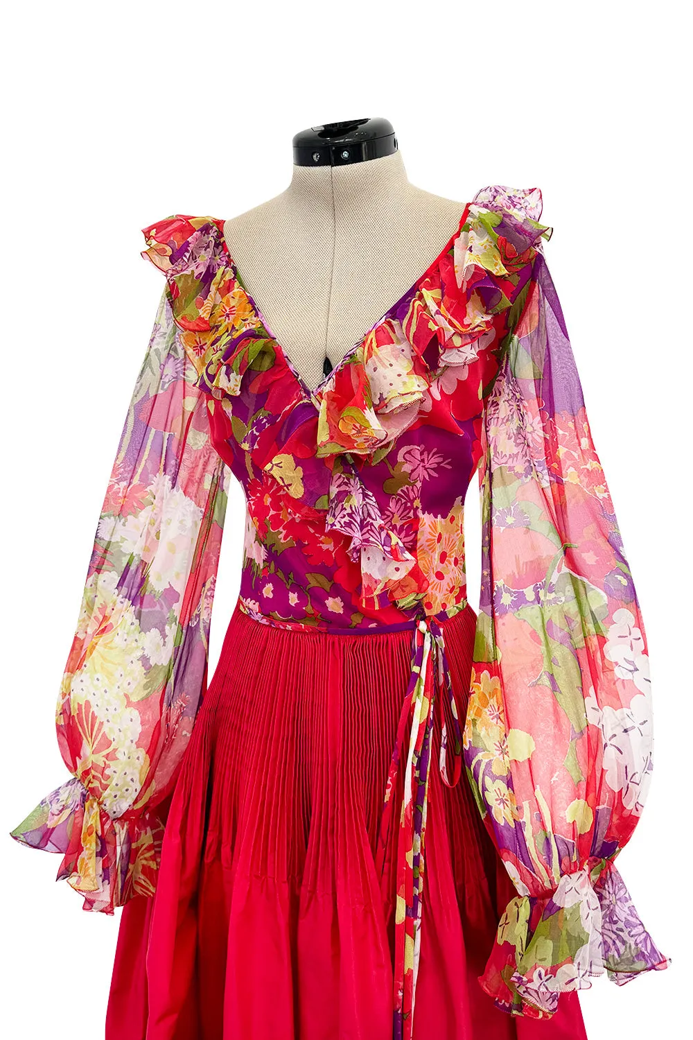 Sensational 1972 Yves Saint Laurent Red Floral Silk Chiffon & Red Silk Dress w Balloon Sleeves & Pleat Detailing