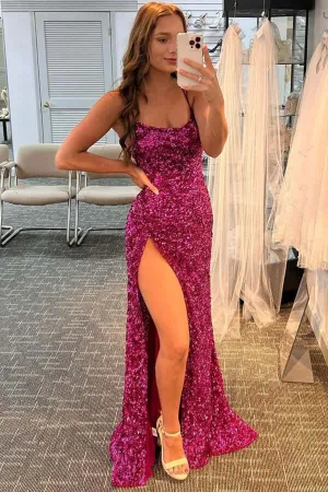Sequins Mermaid Scoop Long Prom Dresses With Side Slit, Formal Dress, MP851