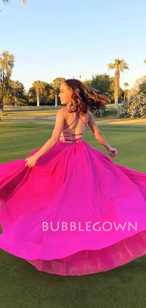 Sexy Backless A-Line Fuchsia Satin Side Slit Deep V Neck Long Evening Prom Dresses, MR7260