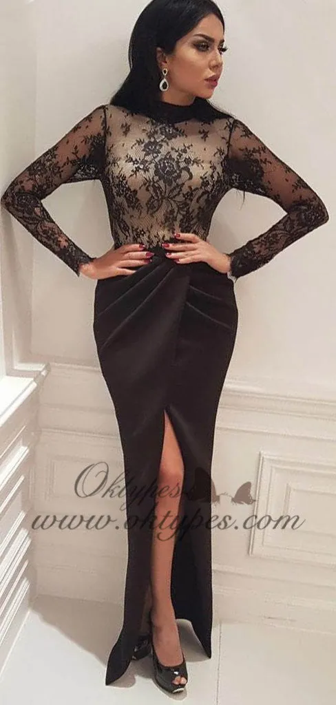 Sexy High Neck Long Sleeve Lace Long Prom Dresses With High Slit, TYP1612