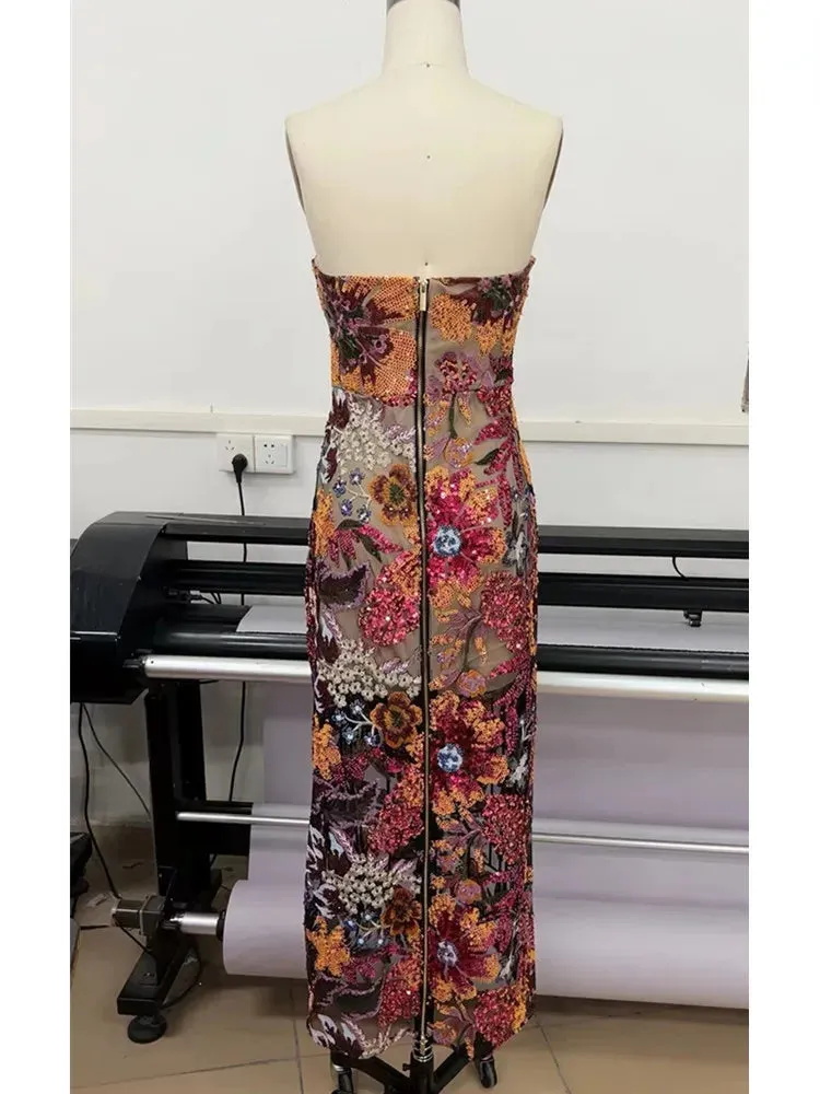Sexy Sleeveless New Fashion High Quality Flower Embroidered Sequin Dress Long Bodycon Gown Elegant Evening Party Wedding Party Dress