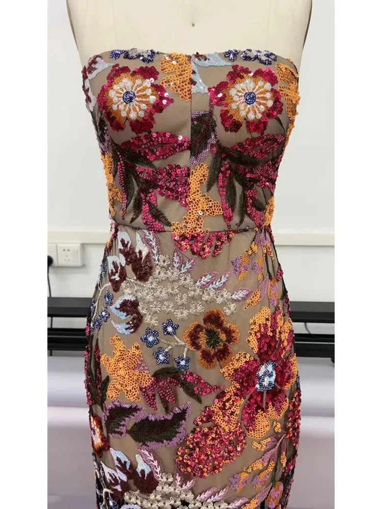 Sexy Sleeveless New Fashion High Quality Flower Embroidered Sequin Dress Long Bodycon Gown Elegant Evening Party Wedding Party Dress