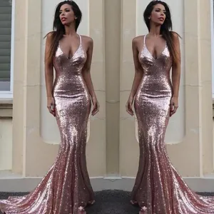 Sexy Spaghetti Rose Gold Long Mermaid Prom Dresses, Affordable Long Prom Dresses, BG0350